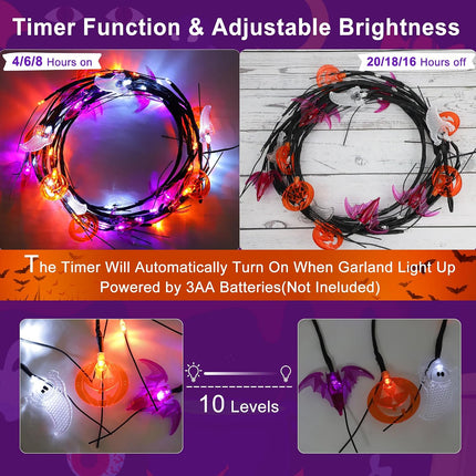 6FT Halloween Willow Vine Garland with Pumpkin Bat Ghost Lights, 8 Modes, Waterproof