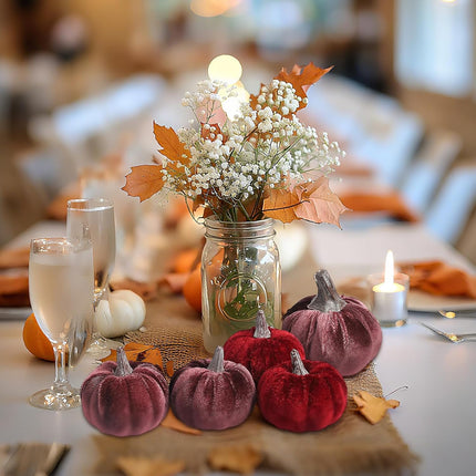 Burgundy Velvet Pumpkins Set of 12, Autumn Table Centerpiece & Harvest Decor