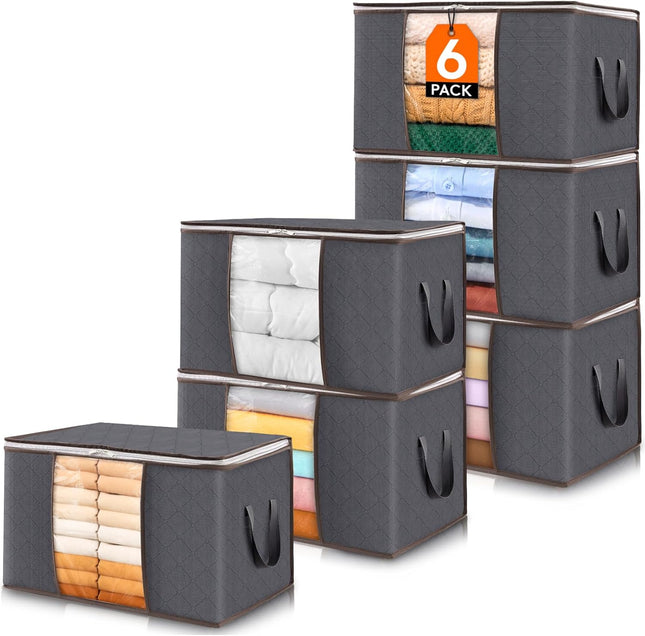 6-Pack Foldable Storage Bins – Clothes & Blanket Organizer with Lids, Clear Window