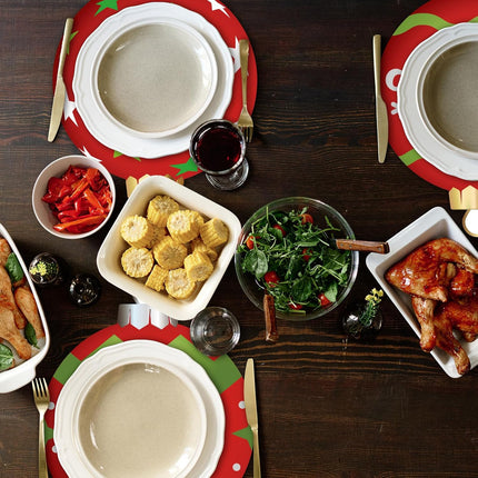 120PCS Christmas Paper Placemats Disposable Set – Red & Green Candy Cane Elf Round Designs