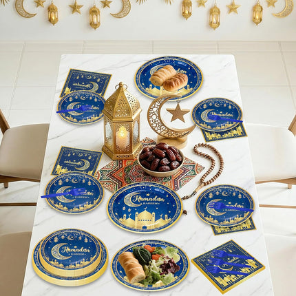 96 Pcs Ramadan Plates & Napkins Set – Blue Gold Eid Mubarak, Serves 24