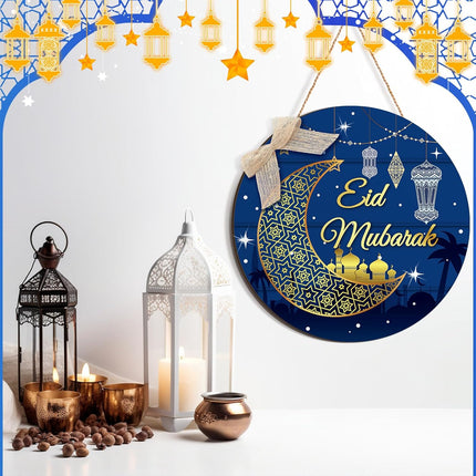 Eid Mubarak Wooden Hanging Sign Ramadan Door Wreath Moon Decor