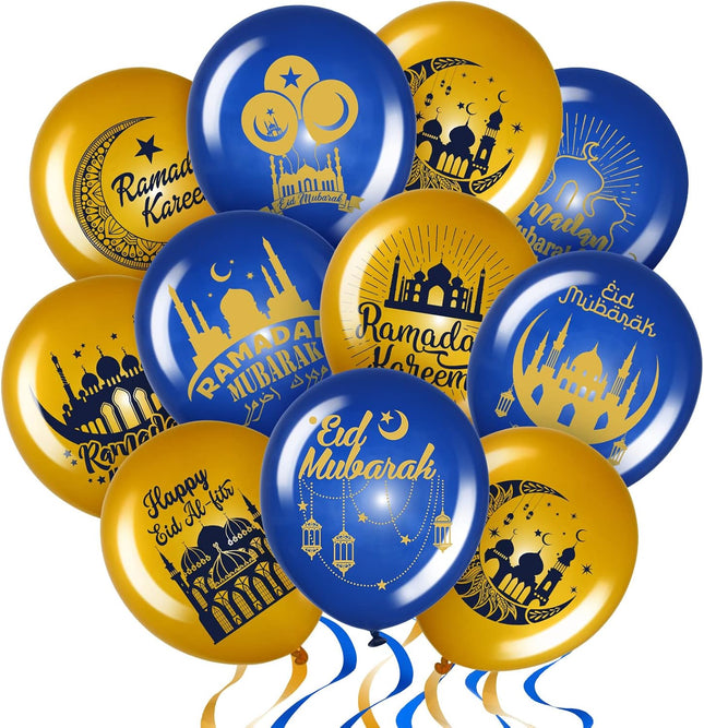 40 Pcs Ramadan Mubarak Balloons: Blue & Gold Eid Mubarak Party Decorations