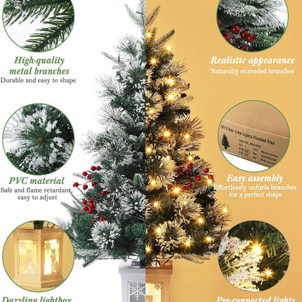 2PCS 3FT Prelit Flocked Snowman Trees with Warm White LEDs, Indoor/Outdoor