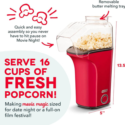Fresh Pop Popcorn Maker – Air Pop, Oil-Free, 16 Cups, Red, Includes Guide