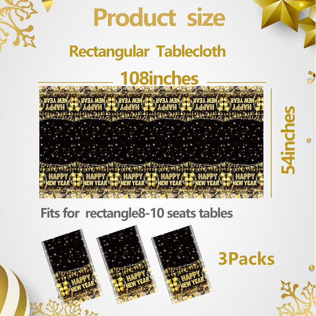 Happy New Year 2026 Table Cover – 3-Piece Black & Gold Party Tablecloths