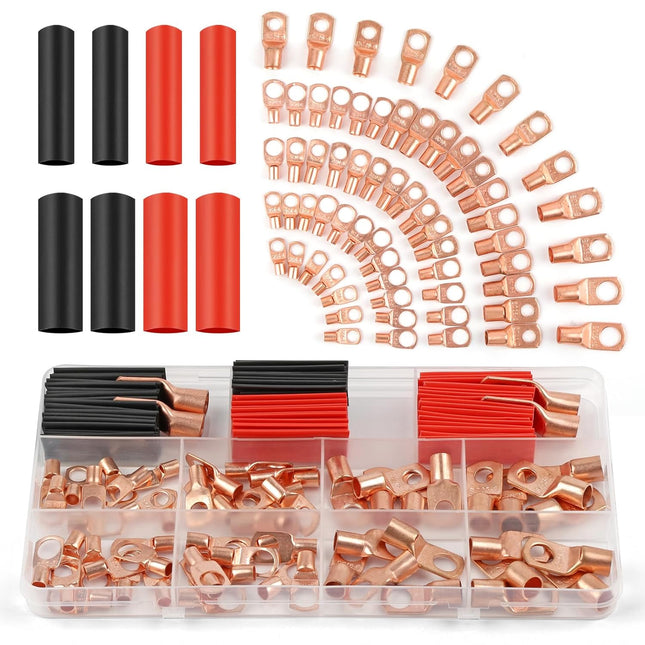 130 Pcs Copper Wire Lugs Kit AWG 2-12 Battery Cable Ends Heat Shrink Terminals