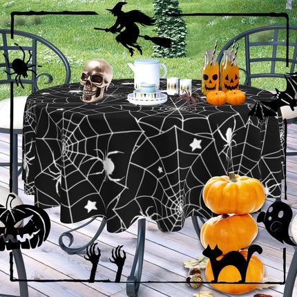 60in Round Black Halloween Spider Web Tablecloth, Waterproof Wipeable Table Cover