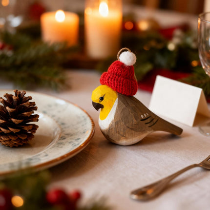 Hand-Carved Christmas Bird – Wood Cockatiel Ornament with Red Knit Hat