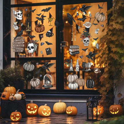76-Piece Halloween Window Clings, Gothic Skull Pumpkin Crow Double-Sided Decals