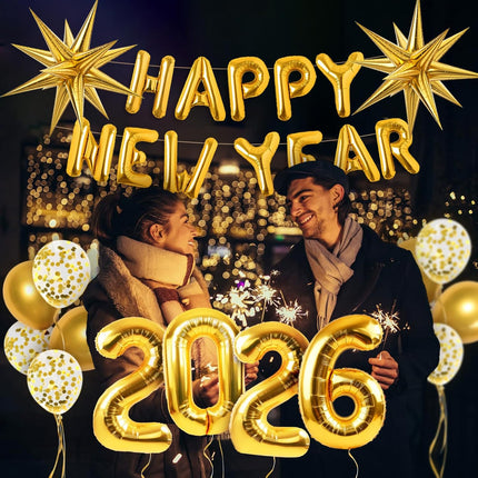 Happy New Year 2026 Balloon Set Metallic Gold Confetti & Number Balloons