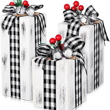 3 Pcs Wooden Christmas Gift Boxes – Plaid Decor for Table & Tiered Trays