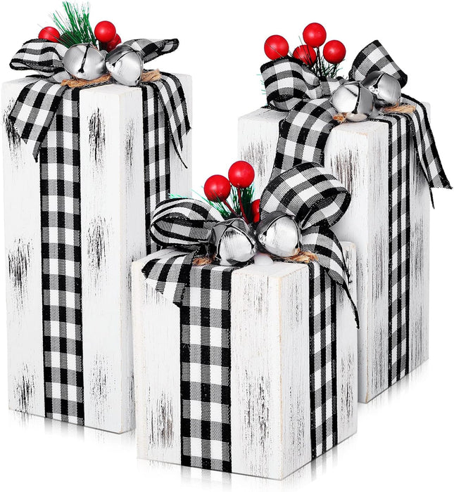 3 Pcs Wooden Christmas Gift Boxes – Plaid Decor for Table & Tiered Trays