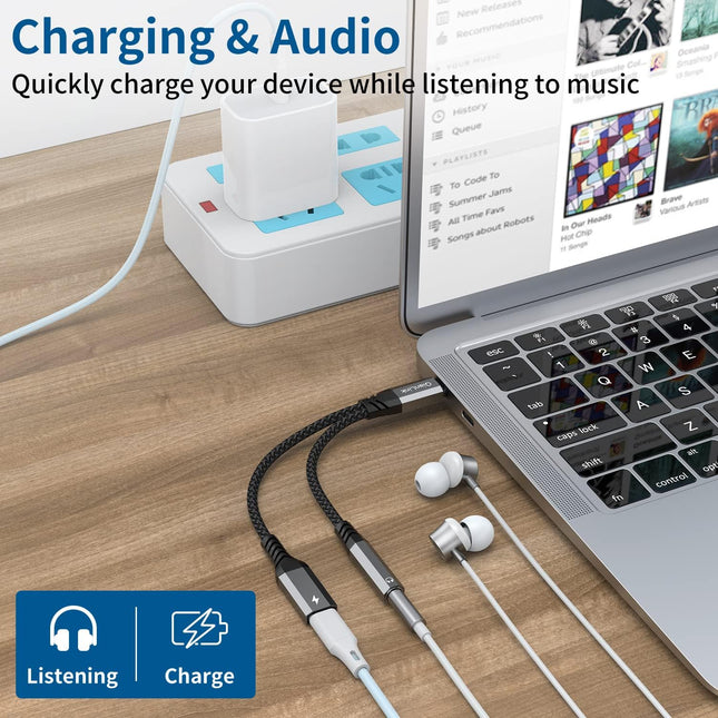 USB-C to 3.5mm Headphone & Charger Adapter – 2-in-1 PD 60W for iPhone & Samsung