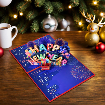 3D Pop-Up Happy New Year Card Fireworks Balloons Festive Greeting