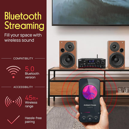 Bluetooth Stereo Receiver Amp, 2.0 Channel, USB/SD, FM, Mic Jack, Bass Control