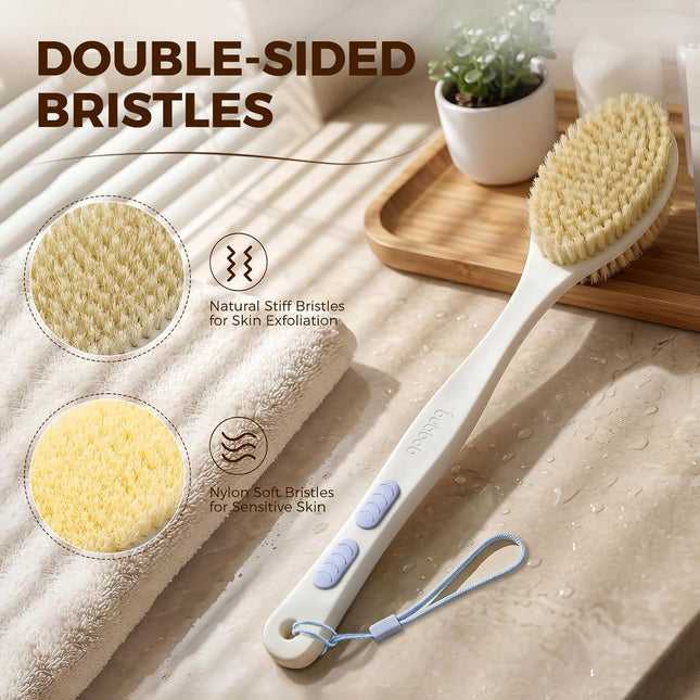 Blue Shower Back Scrubber Long Handle Double Sided Bristles Anti Slip Grip
