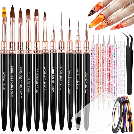 29PCS Nail Art Tools Set, Striping Tape, Liner Brushes & Dotting Tools for DIY Designs