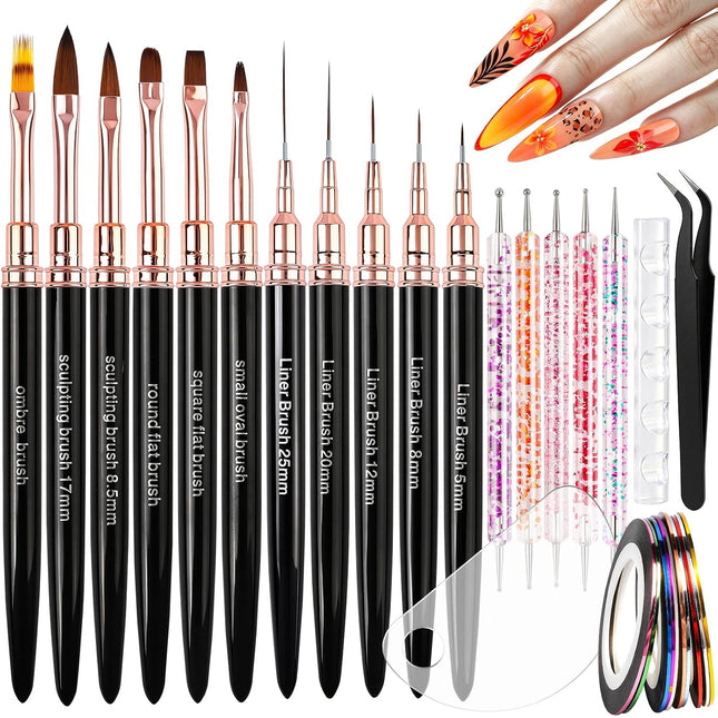 29PCS Nail Art Tools Set, Striping Tape, Liner Brushes & Dotting Tools for DIY Designs