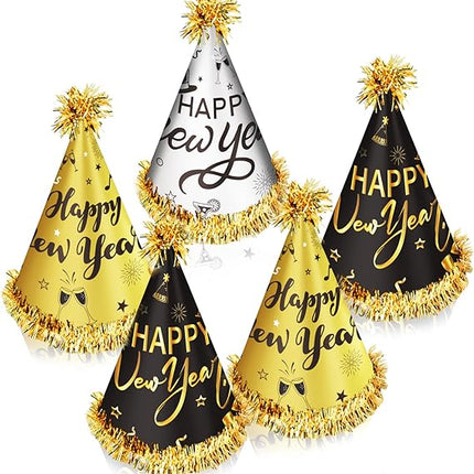 12 Pack NYE Party Hats 2026 – Happy New Year Gold Black Silver Cone Hats