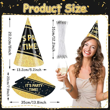 24 PCS Happy New Year’s Eve Party Hats Adjustable Paper Cone Decorations