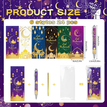 24-Piece Eid Mubarak Gift Set: Retractable Pens, Cards & Gift Bags for Ramadan Parties