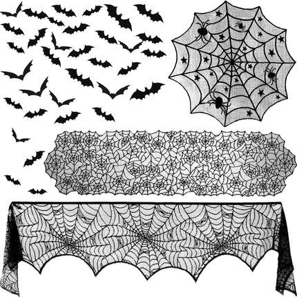 39-Piece Halloween Spiderweb Decor Set, Lace Tablecloth, Runner & Bat Stickers