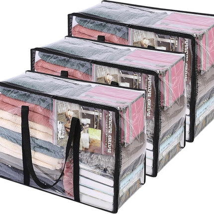 3 Pack 40L Clear Clothes Storage Bags Foldable Zipper Blanket Organizer