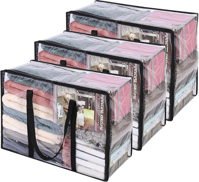 3 Pack 40L Clear Clothes Storage Bags Foldable Zipper Blanket Organizer