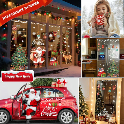 174 PCS Christmas Window Clings Decorations Santa Tree Snowflake Stickers