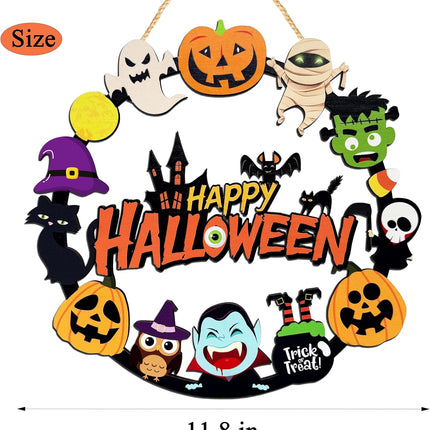 Halloween Wooden Pumpkin Ghost Door Wreath, Happy Halloween Hanging Sign Front Door