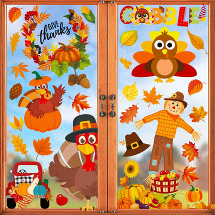 Fall Thanksgiving Window Stickers 145pcs, Pumpkin & Leaves Window Decor