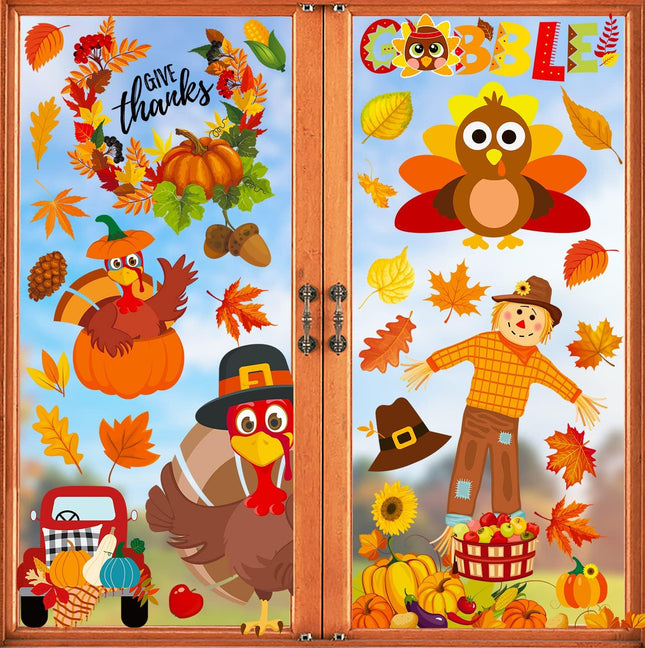 Fall Thanksgiving Window Stickers 145pcs, Pumpkin & Leaves Window Decor