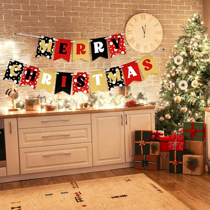 2PCS Merry Christmas Paper Banner – Classic Black Red Yellow Xmas Party Decor