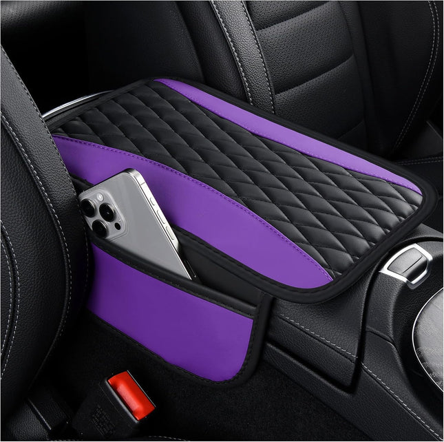 Patchwork Leather Car Center Console Cover with Side Pocket Armrest Organizer Purple