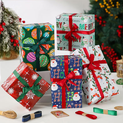 8PCS Christmas Wrapping Paper Set – Sheets, Tags, Stickers & Ribbons 28"x20"
