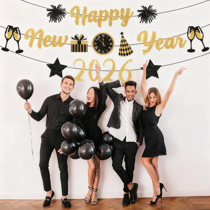 Happy New Year 2026 Glitter Banner – Gold & Black NYE Party Decor