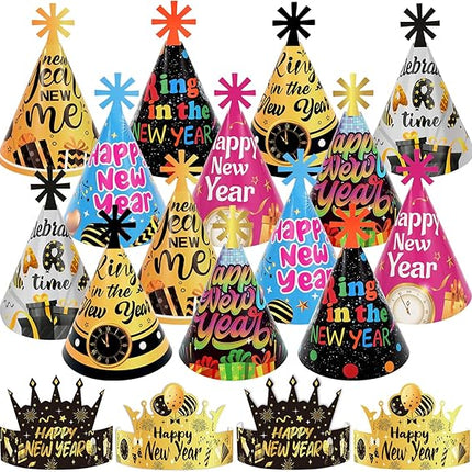 18 PCS 2026 New Year Party Hats Cone & Crown Photo Props Multicolor