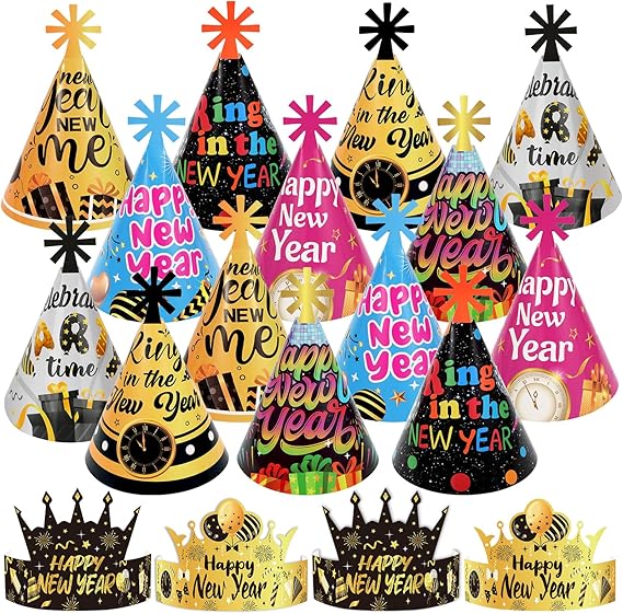 18 PCS 2026 New Year Party Hats Cone & Crown Photo Props Multicolor