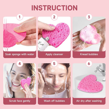 100-Pc Pink Heart Facial Sponges – Natural Cellulose, Gentle Cleansing & Exfoliating