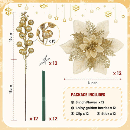 24pcs Gold Christmas Decorations – 12 Poinsettia Flowers & 12 Glitter Tree Picks
