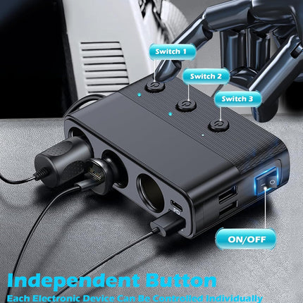 7-1 Car Cigarette Lighter Splitter, 12V/24V, PD30W, QC3.0, USB, Voltage Display
