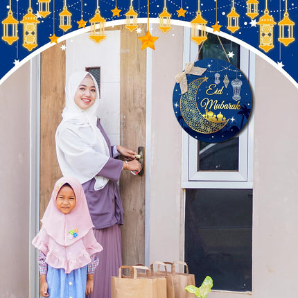 Eid Mubarak Wooden Hanging Sign Ramadan Door Wreath Moon Decor