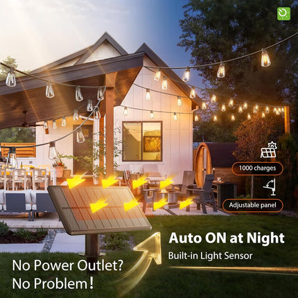 54FT Solar Patio String Lights – Waterproof, Dimmable LED with USB Charging & Remote
