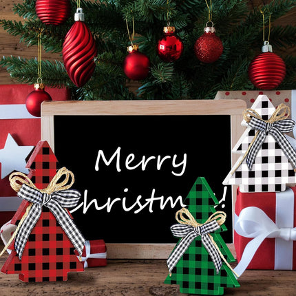 3PCS Rustic Wooden Christmas Tree Table Decor Farmhouse Buffalo Plaid