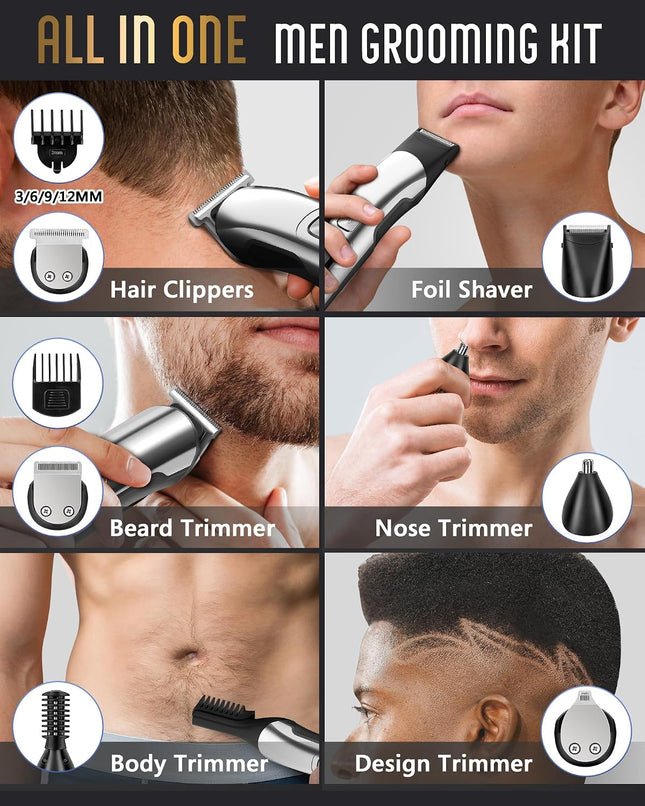 6-in-1 Beard & Body Trimmer for Men, Waterproof Electric Razor, USB Rechargeable, Silver