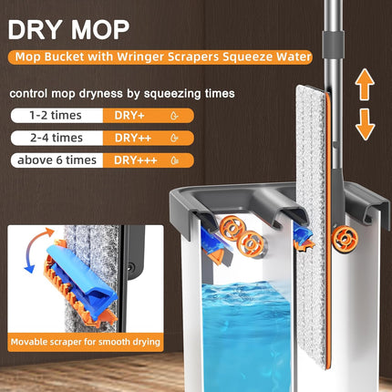 Flat Mop & Bucket Set with Wringer, 3 Microfiber Pads, Wet & Dry Use