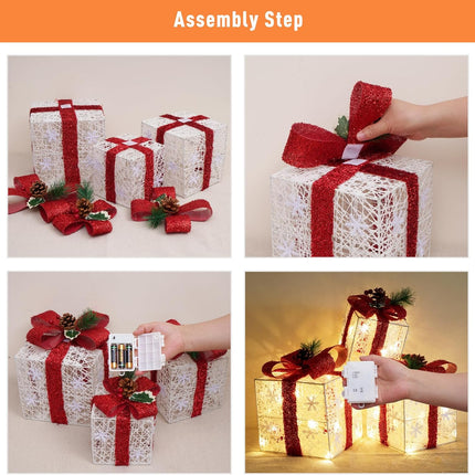 3PCS Christmas Lighted Gift Boxes – Battery Operated with Warm White LED Lights