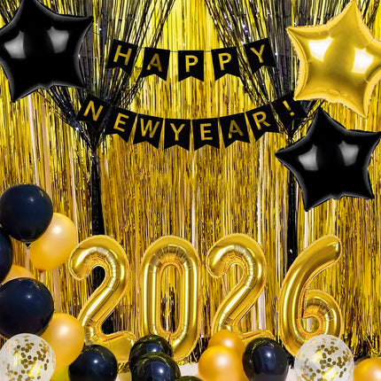 New Year 2026 Decorations Set – 32in Gold Balloons, Fringe Curtains & Banner