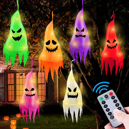 6-Piece 13FT Light-Up Halloween Ghosts with Witch Hats, 8 Modes, Remote Control